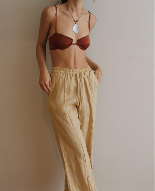 RAFFIA LINEN CAMEL PANT