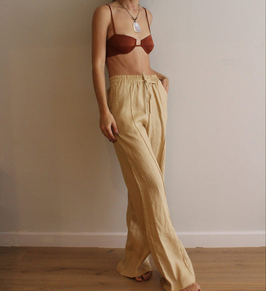 RAFFIA LINEN CAMEL PANT
